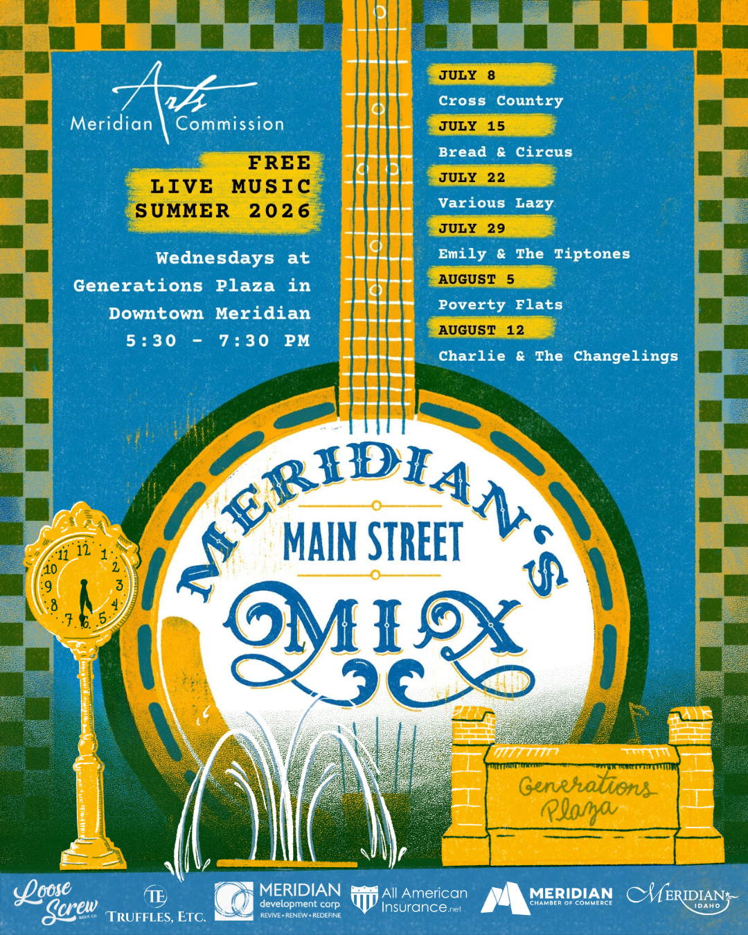 Poster art for Meridian's Main Street Mix featuring a large banjo with a logo, surrounded by a clock, fountain, and sign for Generations Plaza. For full dates and details, see text.