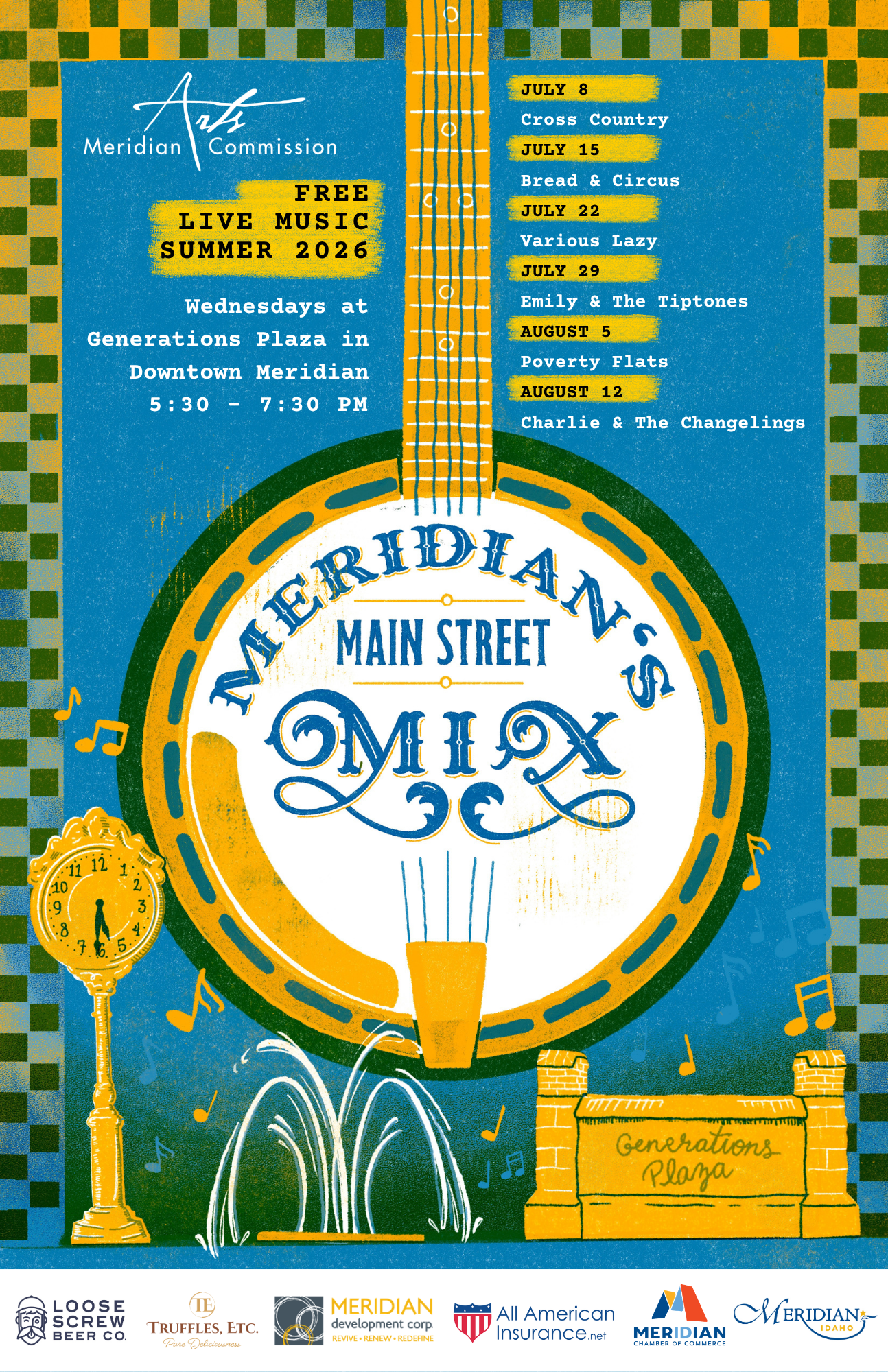 Concert series poster with illustrations of banjo, music notes, the Generations Plaza clock and wall, and logos - see description for all event details